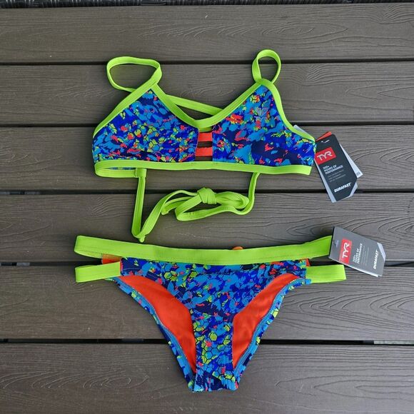 TYR Womens Blue/neon Oceania Crosscutfit Tie Workout Bikini Sz XS New - Picture 1 of 4